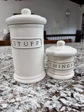 Pottery Barn White Ceramic 'STUFF' & 'THINGS' Canister Set